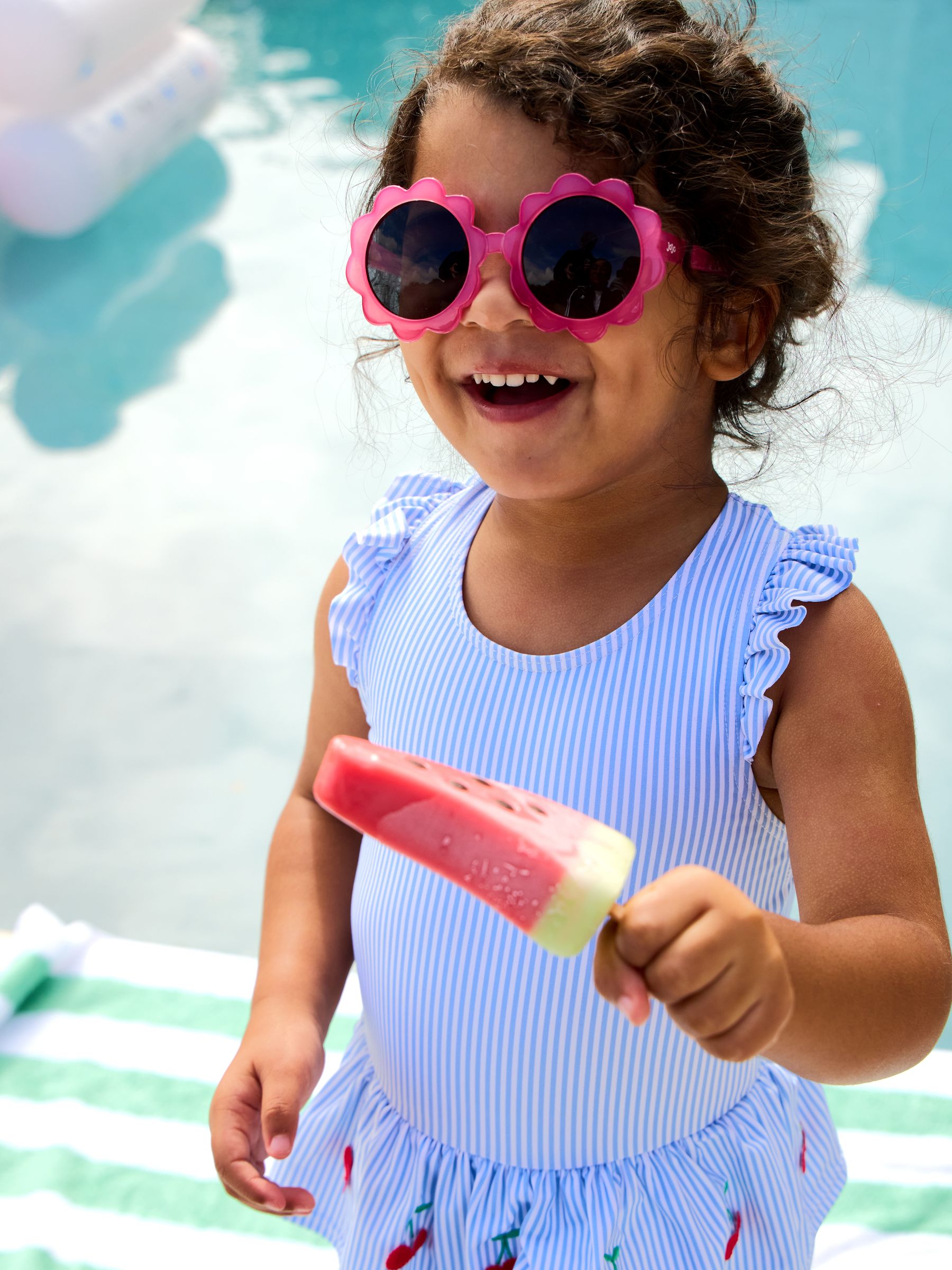 JoJo Maman Bébé Blue Stripe Cherry Frill Swimsuit