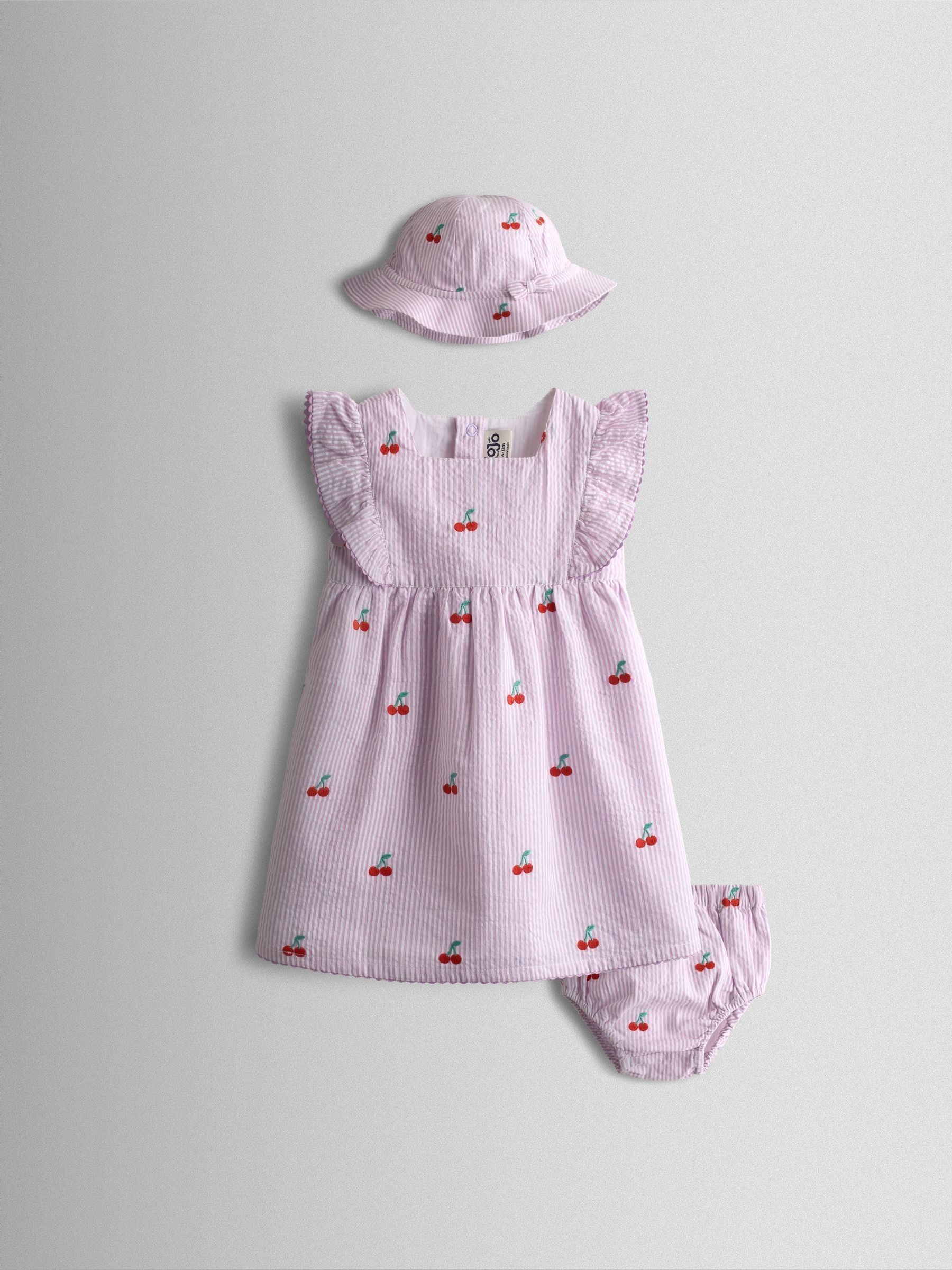 JoJo Maman Bébé Lilac Purple Cherry Embroidered Stripe Dress & Hat Set