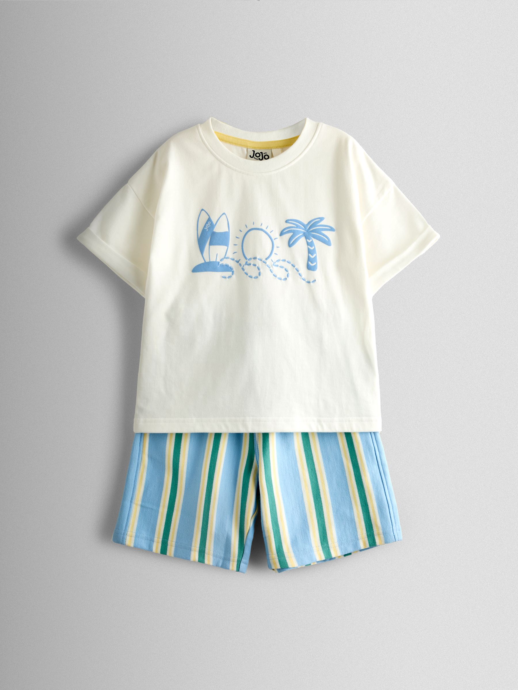 JoJo Maman Bébé Light Blue Surf Printed T-Shirt & Shorts Set